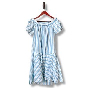 Off Shoulder Blue and White Stripe Dress - Small